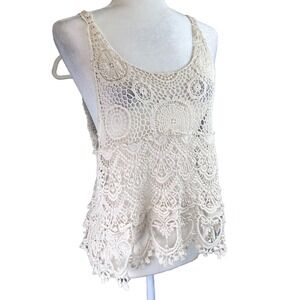 Crochet Knit Tank Top S/M Beach Topper Scallop Lace Dainty Boho Coastal Baby Dol